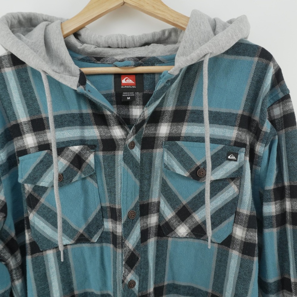Quiksilver Hooded Flannel Shirt Mens Medium Teal Blue Plaid Button Up Layered